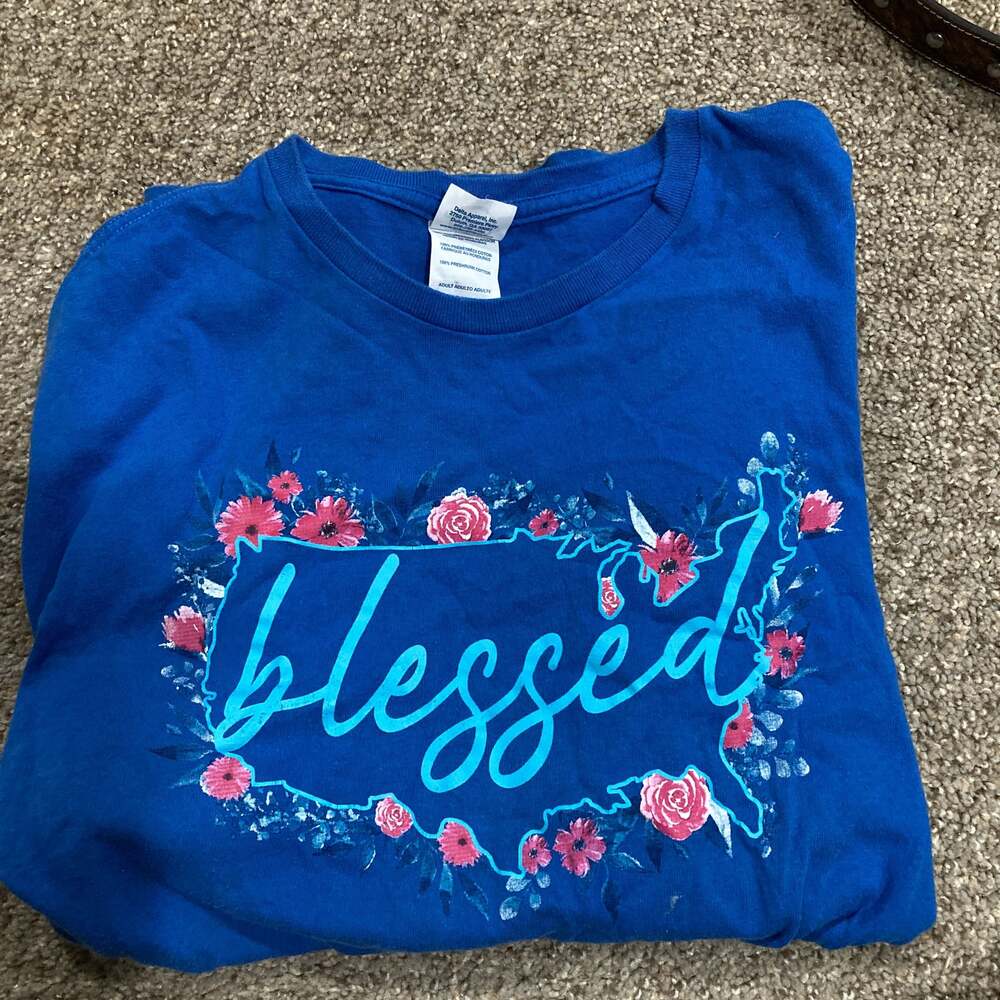 Delta Apparel "Blessed" Blue Floral USA Outline Graphic T-Shirt Adult Size